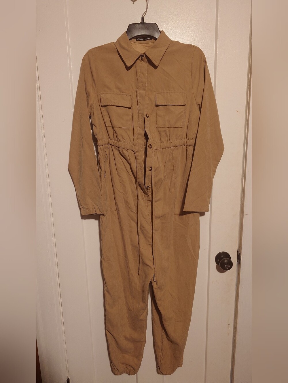 SHEIN Tan Button-Front Utility Jumpsuit